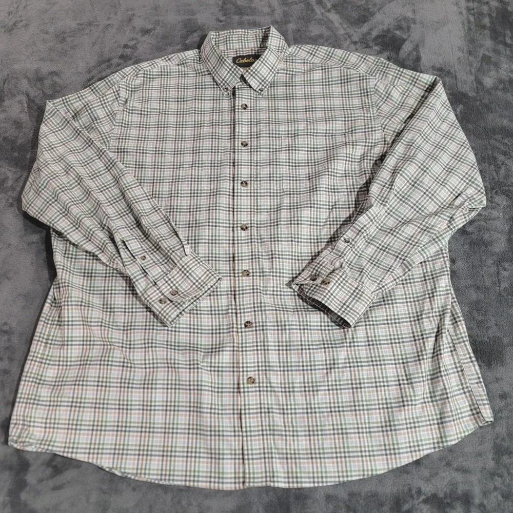 Cabelas Shirt Men 3XLT Tall Green Plaid Colorful Wrinkle Free Long Sleeve Pocket